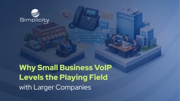 A side-by-side illustration of a small business and a large corporation, connected by digital phone and communication tools. Features the headline “Why Small Business VoIP Levels the Playing Field with Larger Companies.” Demonstrates how VoIP empowers small businesses with enterprise-level tools.