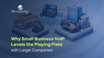 A side-by-side illustration of a small business and a large corporation, connected by digital phone and communication tools. Features the headline “Why Small Business VoIP Levels the Playing Field with Larger Companies.” Demonstrates how VoIP empowers small businesses with enterprise-level tools.